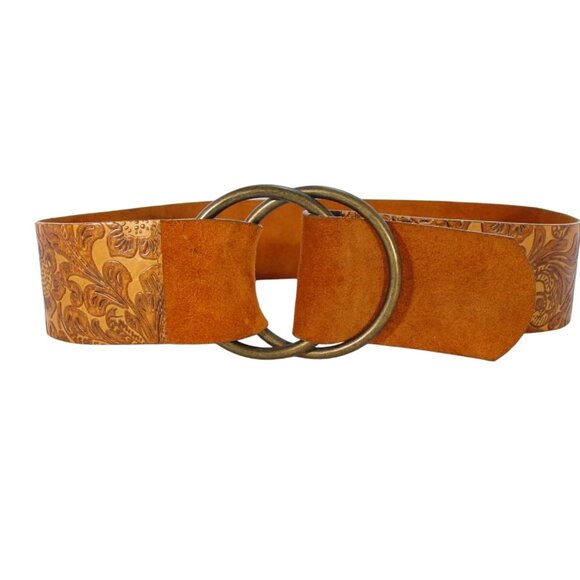 STREETS AHEAD Wide Floral Embossed Leather Belt Women's S - Made in USA - Picture 2 of 8